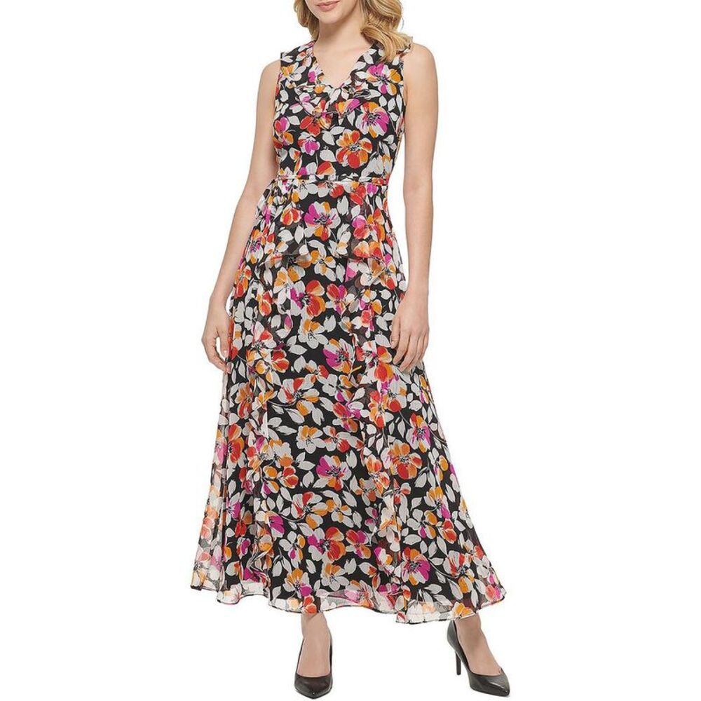 Karl Lagerfeld Paris Womens Black Floral Long Ruffled Maxi Dress NWT